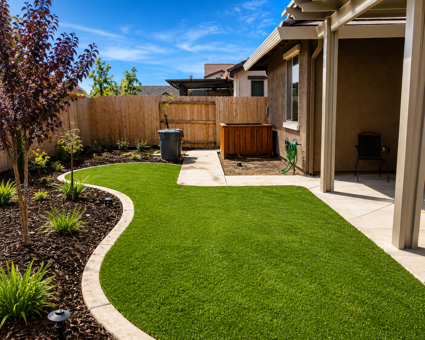 Custom backyard lawn with fresh planting and finished landscape border