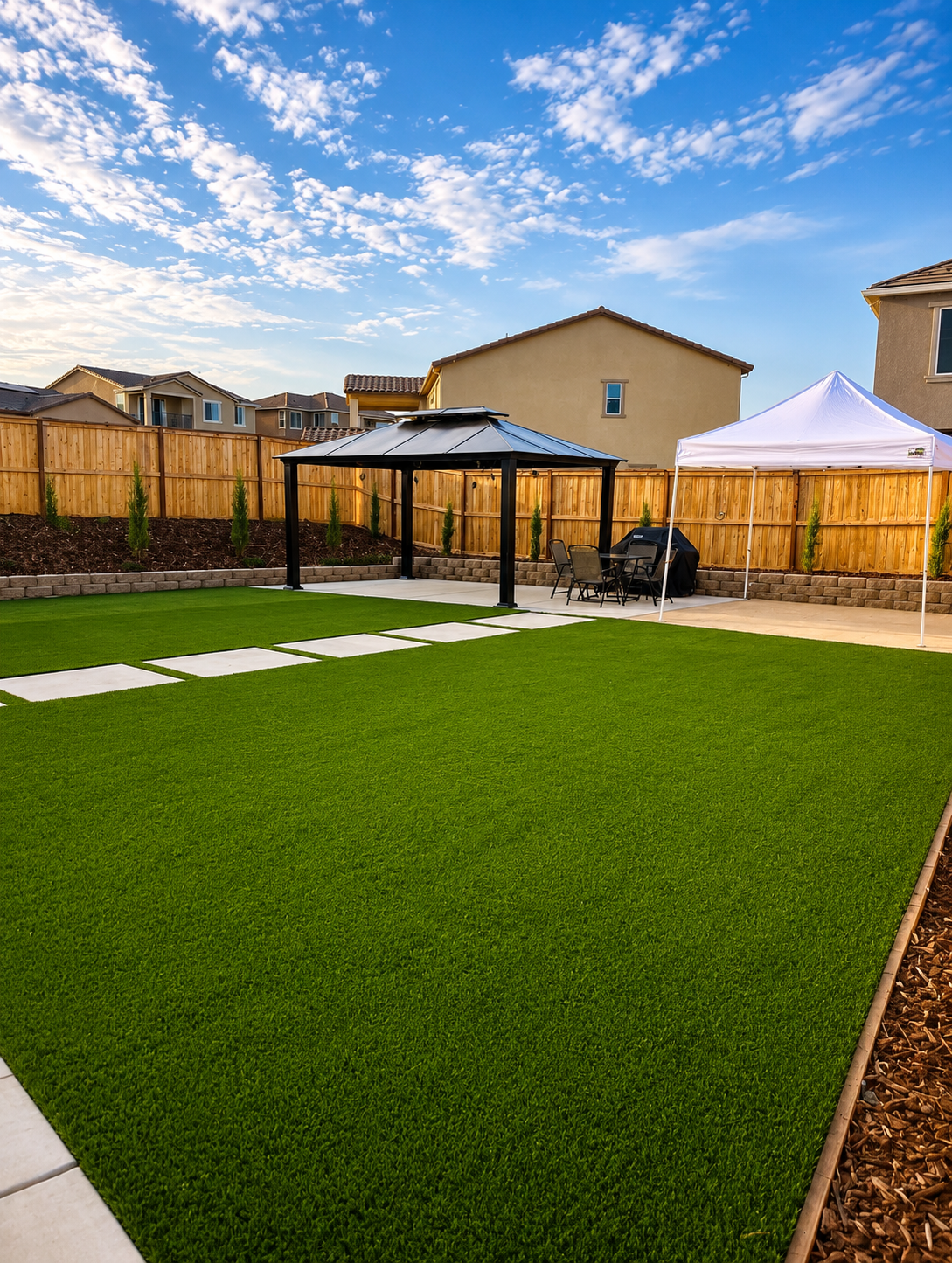 Paver patio with new lawn and privacy planting